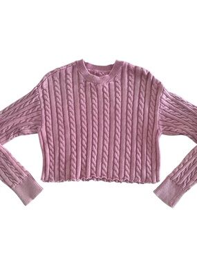 Aerie Lovethis Moment Cable Knit Cropped Sweater Women M Pink 100% Cotton